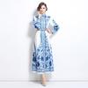 Spring Autumn Women Stand Collar Palace Print Single Breasted Long Maxi Party Dresses with Belt