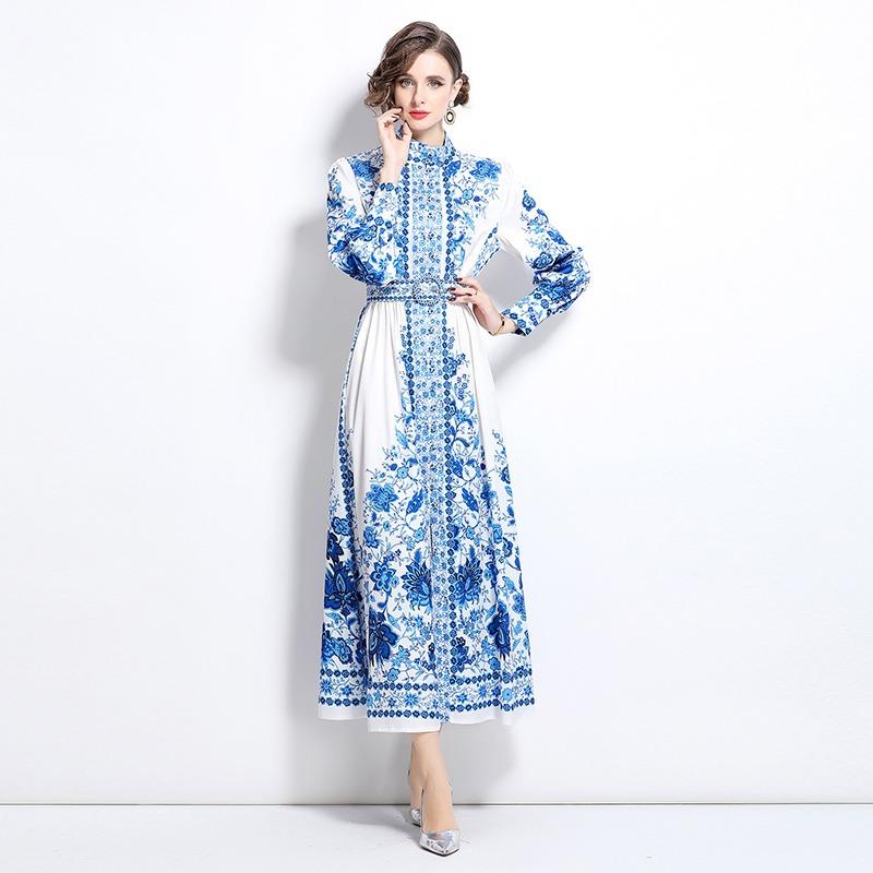 Spring Autumn Women Stand Collar Palace Print Single Breasted Long Maxi Party Dresses with Belt