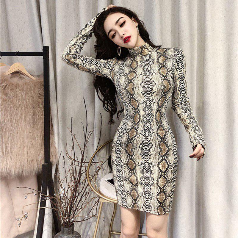 Women Snake Print Dress Turtleneck Sexy Long Sleeve Tight Slim Dress Sexy Dress Femal