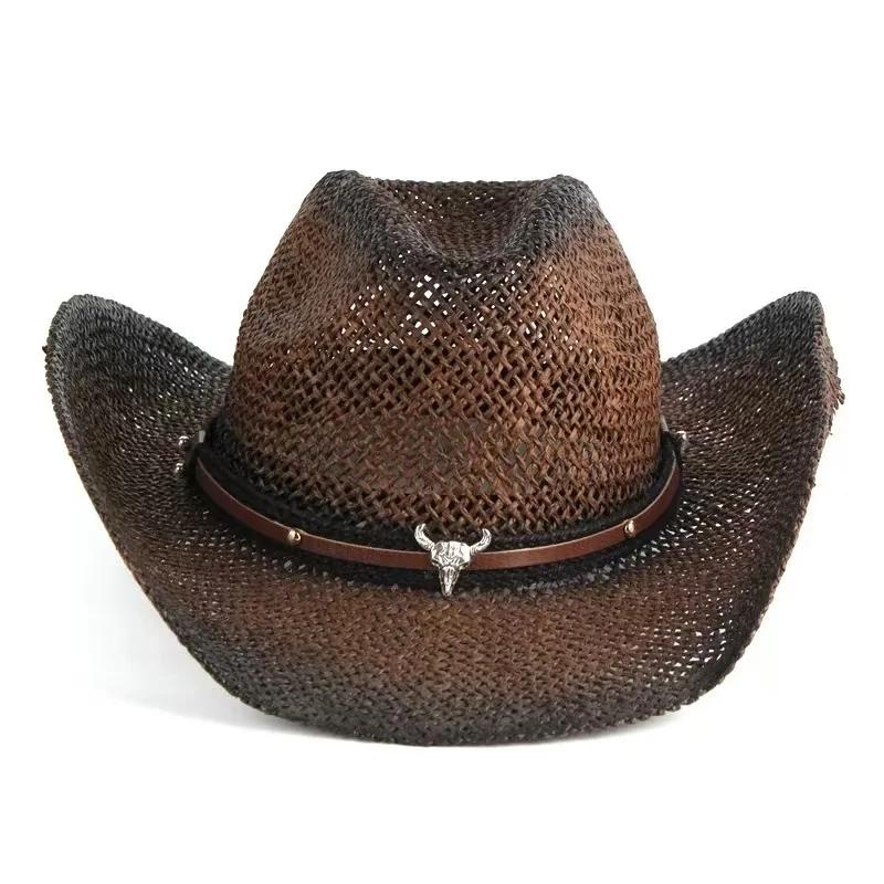 

2026 Handmade Weave Hollow Western Cowboy Hat For Men Women Summer Outdoor Cowgirl Beach Sun Straw Hat sombrero hombre 57-58cm коричневий