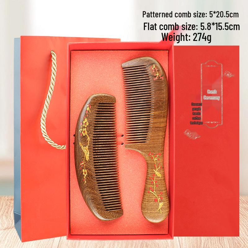 Premium Black Gold Sandalwood Comb: Hand-Painted, Anti-Static, Portable Hair Styling Comb with Gift Box for Women.