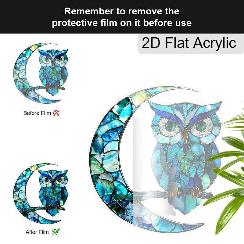 Acryl Blaue Eule auf Halbmond-Sonnfänger, Fensterbehang mit Buntglas-Effekt für Eulen- und Nachthimmelliebhaber Geschenke