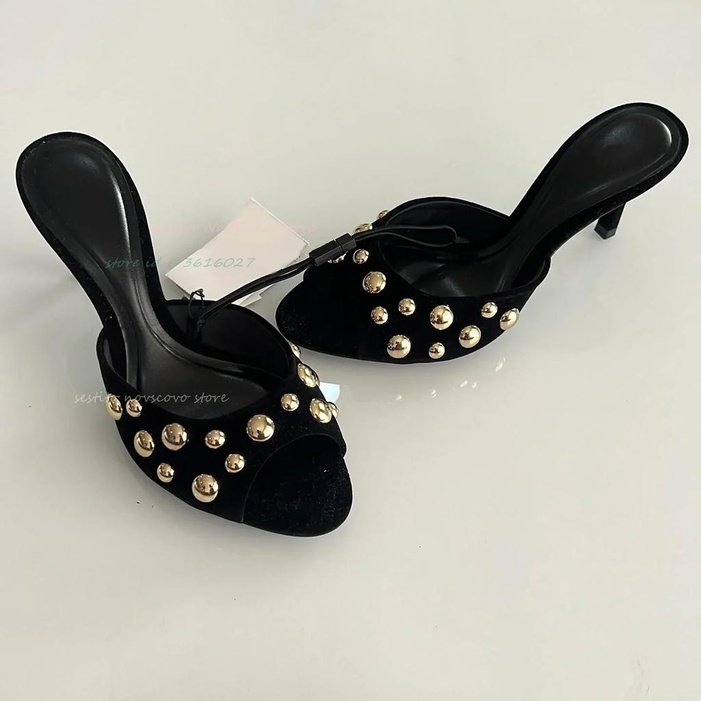 Fashion Studded Peep Toe Mules Stiletto Slip On Gold Rivets Decor Classic Sexy Women Summer Sandals Dress Party Daily Casual Single Shoe