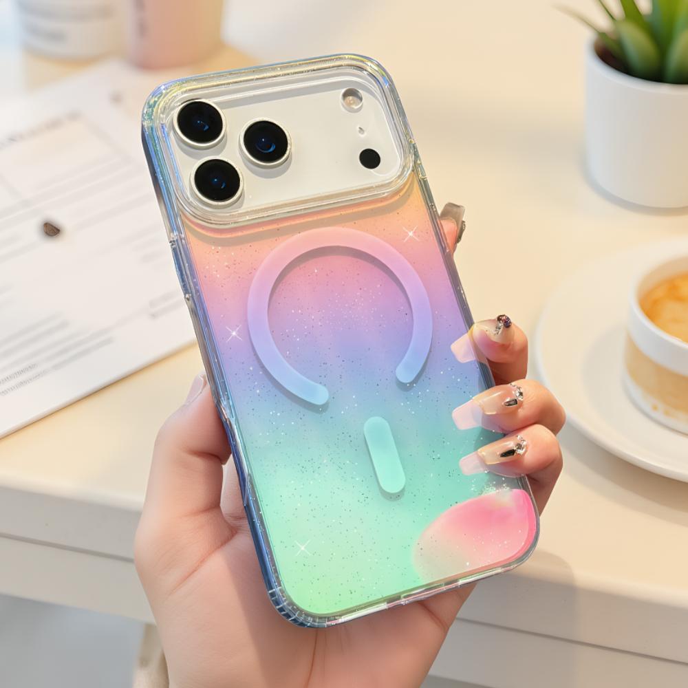 Rainbow Gradient Sparkling Magnetic Cover for Girls To Use For iPhone 17 Pro Max 16e 17 15 14 13 12 11 Pro Anti-drop Phone Case