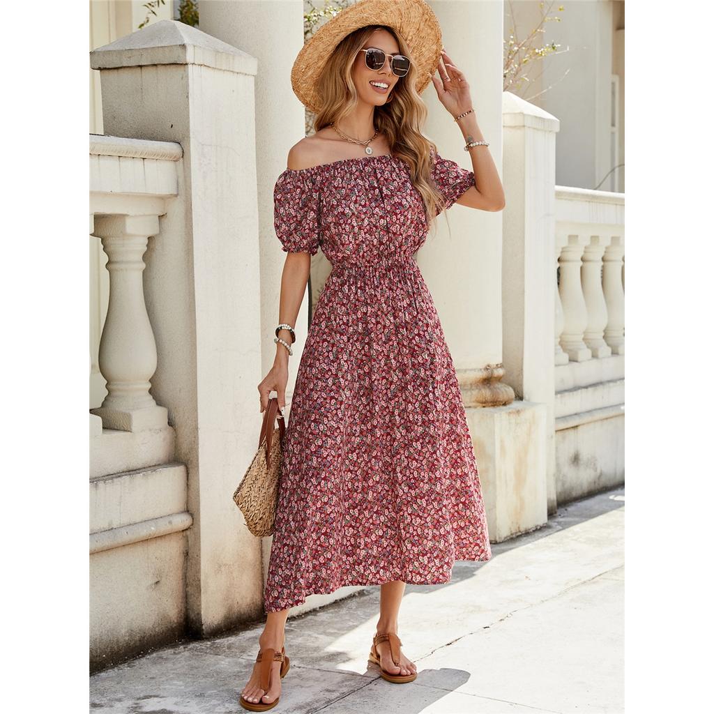 Summer New Floral One Shoulder Short Sleeve Dress Holiday Waisted Big Swing Dresses