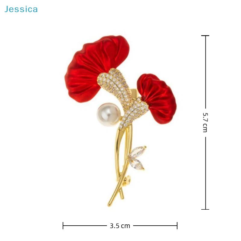 Red Flower Brooch with Pearl - Gold Plated Rhinestone Floral Pin for Women