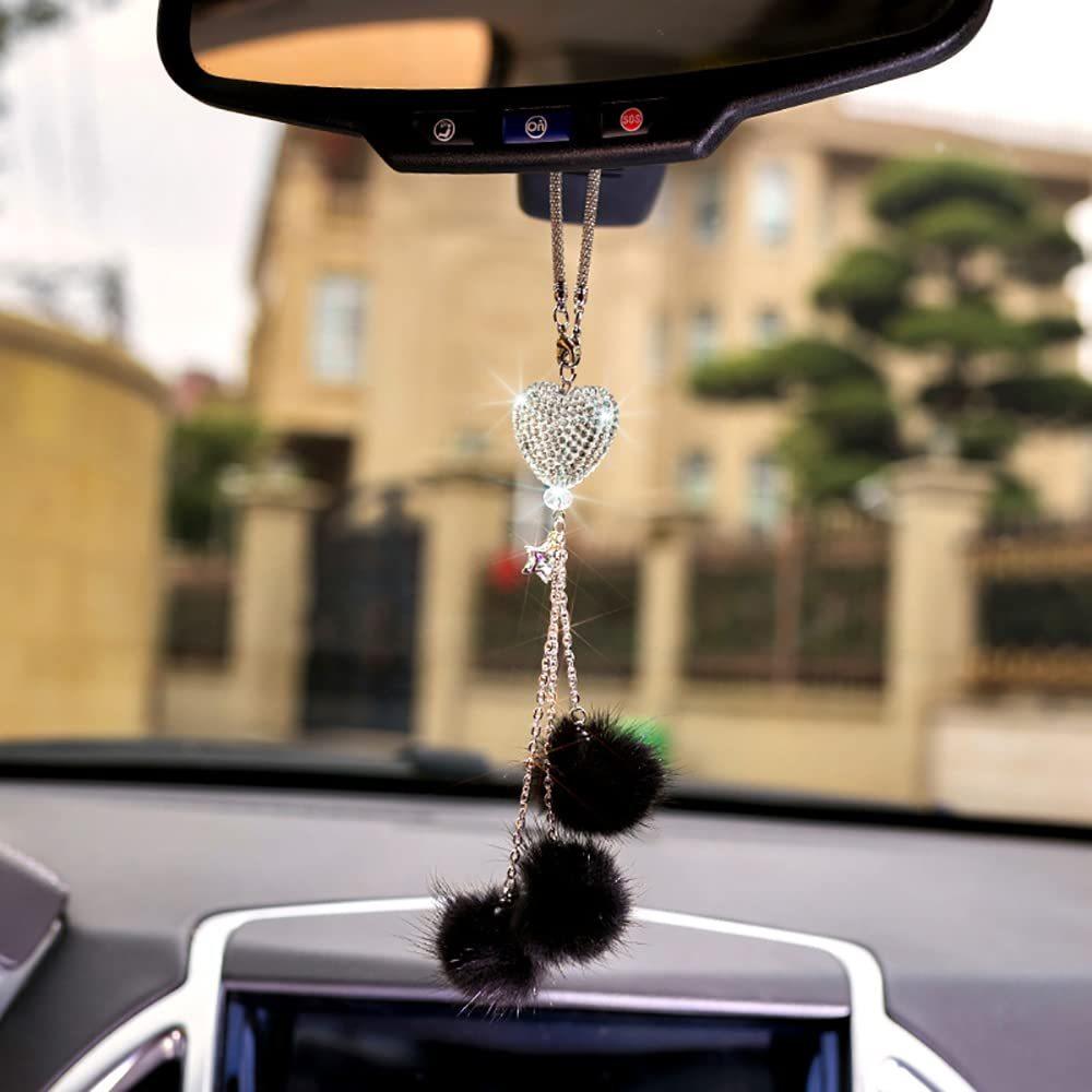 Bling Car Mirror Accessories for Women Men Love Heart and Pink Plush Ball Rinestones Car Accessories Car Rear View Mirror Charms