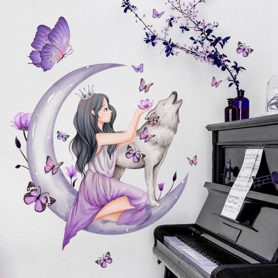 2 Teile/satz Selbstklebende Abnehmbare Wandaufkleber Wasserdicht Mädchen Grau Mond Wolf Schmetterlinge Wandtattoo Schlafzimmer Dekor