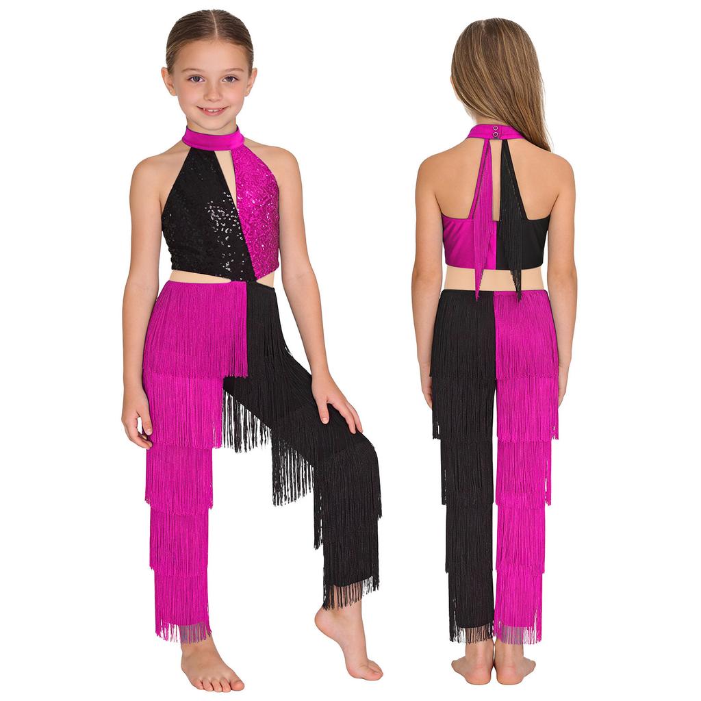 Lateinischer Tanz Wettbewerbskostüm für Mädchen: Colorblock Pailletten Quasten Jumpsuit, Neckholder Ärmellos mit Cut-out Rücken für Bühnenauftritt