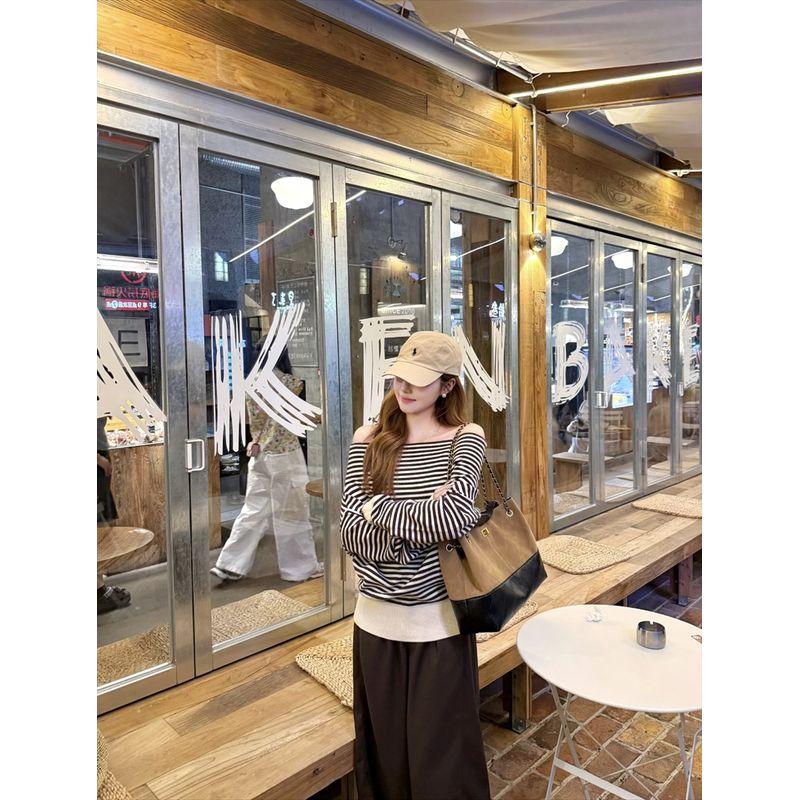 Kumikumi Idle Style Stripe off-Shoulder Long sleeve Knit Women Autumn Chic Age-Reducing Loose Slimming Top