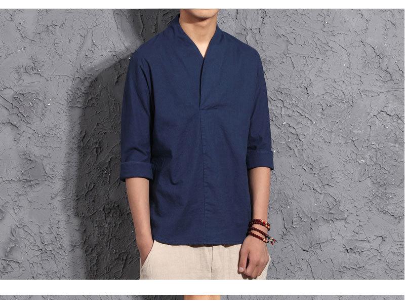 Men's Chinese Cotton-Linen V-Neck Retro Hanfu T-Shirt, Summer Three-Quarter Sleeve, Loose Plus Size