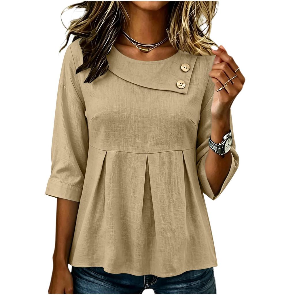Women's Color Casual Button Down Long Sleeve Blouse with Round Neck
