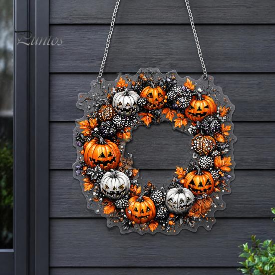 Durable Halloween Porch Decoration Pumpkin Pendant with Hanging Chain Waterproof Acrylic Welcome Front Door Sign for Window Wall Indoor Outdoor