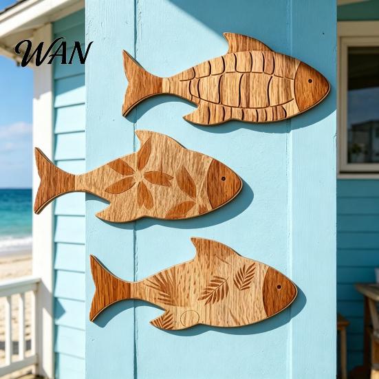 Tabletop Fish Ornament 3Pcs/Set Bathroom Wall Decoration, Rustic Wooden Art 2D Printed Sculpture, Nautical Hanging for Beach Lake House Ocean Style