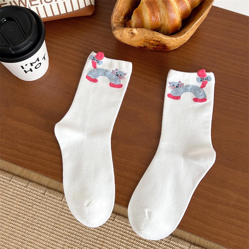 Ladies Spring and Autumn Cute Cartoon Cat in Tube Pile Pile Socks