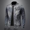 Men's Plus Size Retro Denim Motorcycle Jacket with Stand Collar and Zipper.