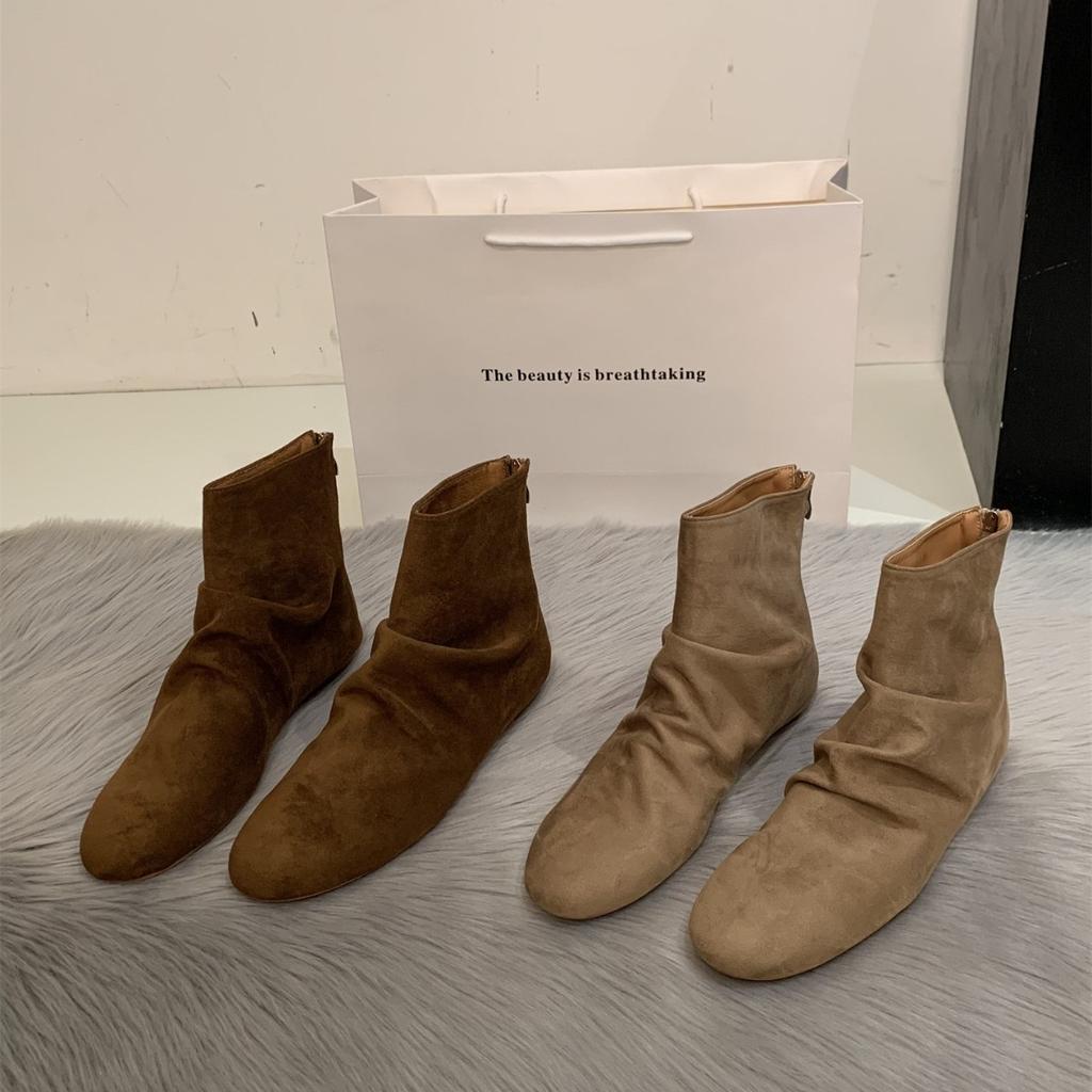 Vintage Suede Pleated Short Boots Women's Spring and Autumn Round Head Chelsea Boots Rear Zipper Commuter Thick Heel Single Boots