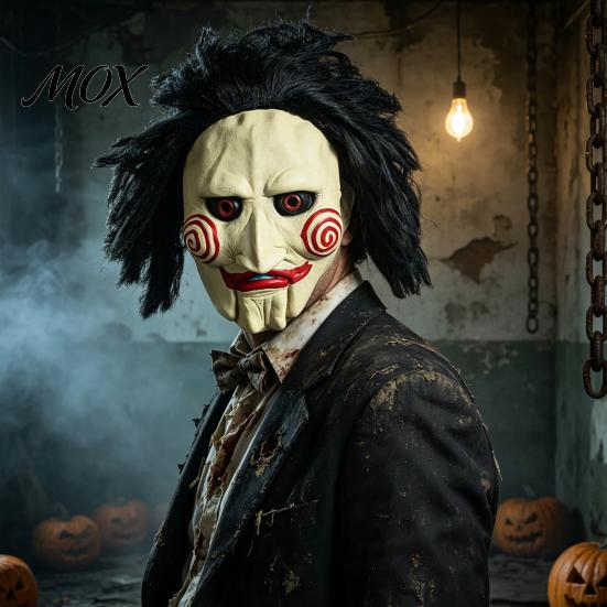 Unique Halloween Outfit Addition Horror Latex Mask, Scary Clown Face Headpiece with Black Hair Spooky Blood Stained Mask for Adults Wig, Breathable
