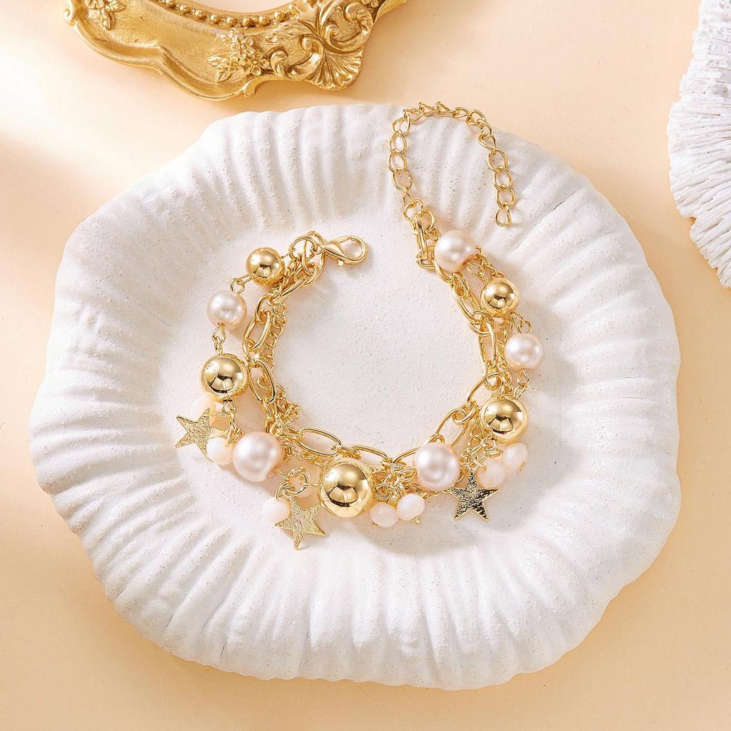 Retro Star Pearl Crystal Multi-Layer Bracelet with Heart & Round Ball Charms