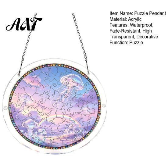 Transparent Acrylic Decor 7.48 Inch Circular DIY Puzzle Suncatcher, Stained Glass Style Window Hanging Ornament, Adult Gift Waterproof Pendant