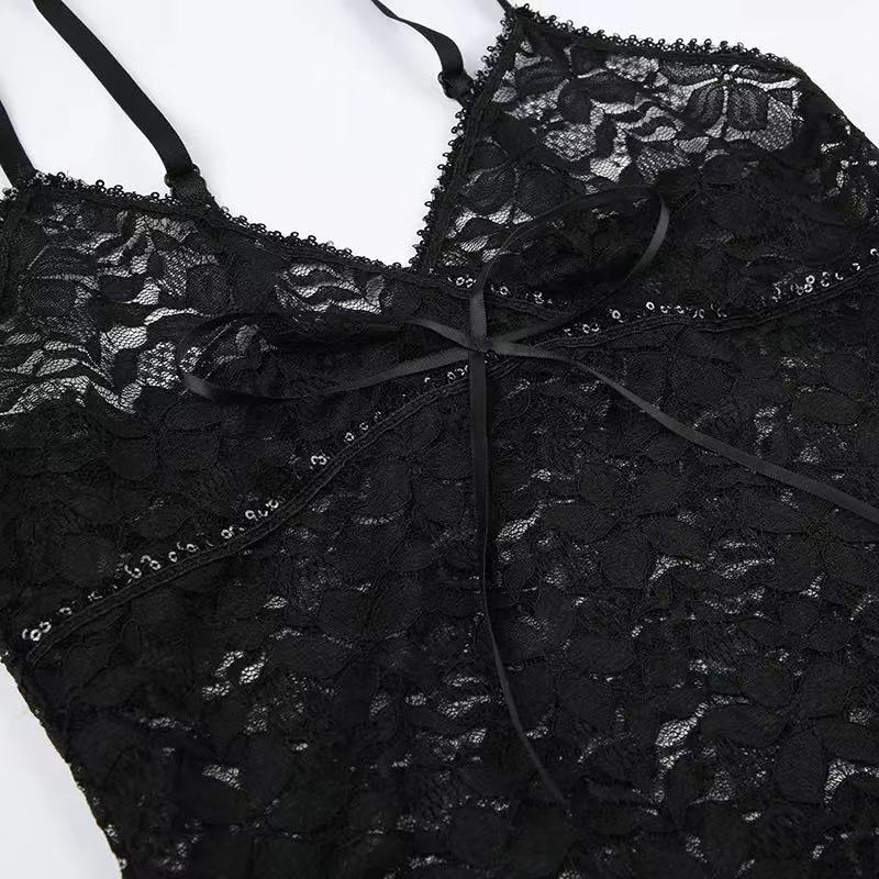 Classic Retro Lace Bow Camis Tops Sleeveless V Neck for Women Black Tan