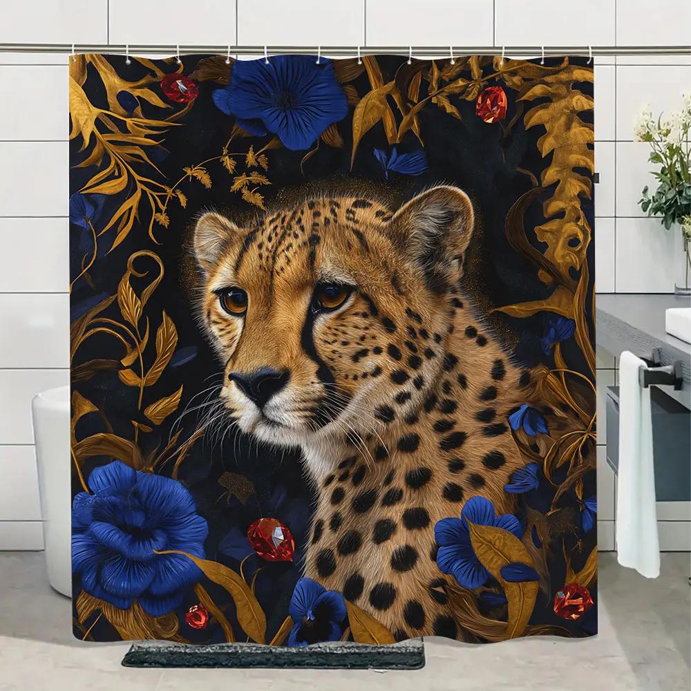Jungle Wildlife Shower Curtain Tiger Plant Tropical Palm Leaf Polyester Fabric Shower Curtain Bathroom Decoration With Hooks Set
