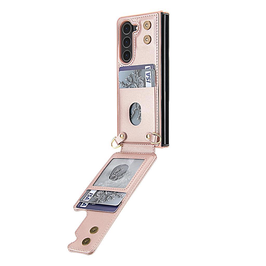 For Samsung Galaxy Z Fold5 5G Case Kickstand Card Slots Leather Coated TPU Cover with Shoulder Strap