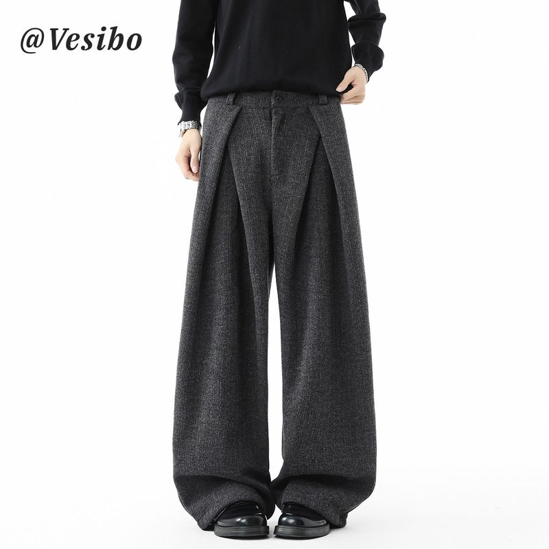 Old Money Style Deconstructed Woolen Trousers for Men, Winter Heavyweight Vintage Warm Wide-Leg Long Pants, High Street Pleated Casual Pants