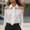 New Elegant Off-Shoulder Long Sleeve Women Tie Shirts Fashion Spring and Autumn Sexy Blouse Woman Lapel Casual Sweet Solid Color Top