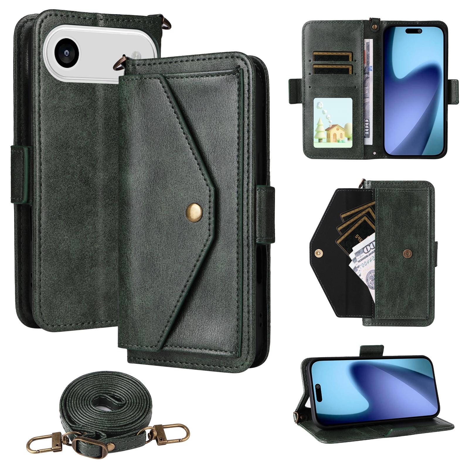 

For iPhone 17 Air Leather Case Magnetic Closure Wallet Stand Phone Cover with Crossbody Strap Green
