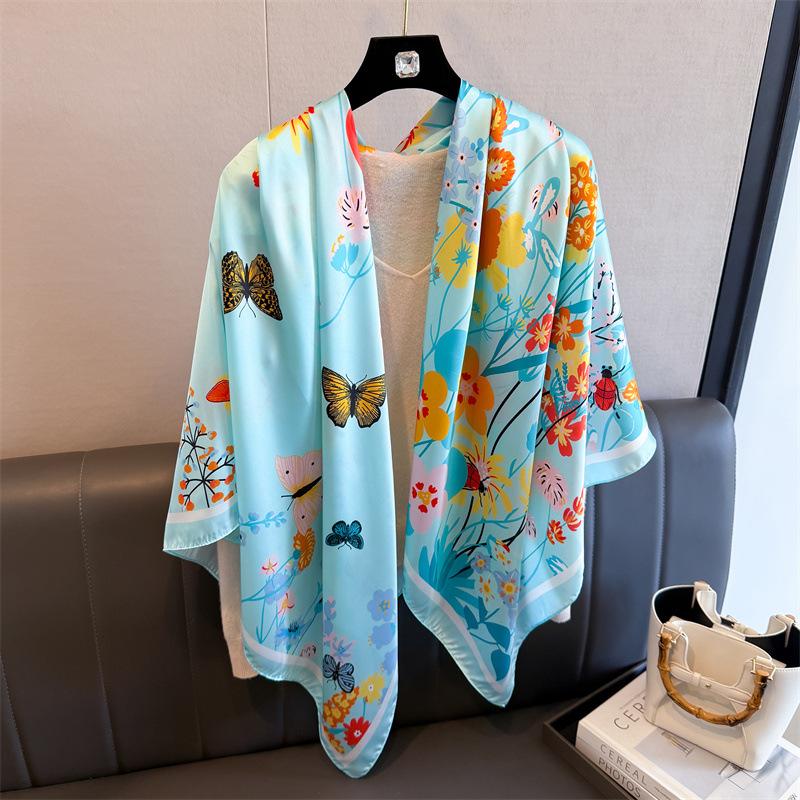 Butterfly Flower Simulation Silk Premium 111cm Large Square Scarf Silk Scarf Printed Shawl Sunscreen Scarf Headscarf Scarf