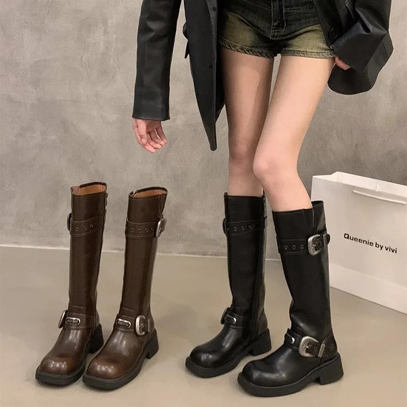 Vintage Women Knight Long Boots Fashion Elegant Belt Buckle Shoes Square Heel Women's Western Cowgirl Booties