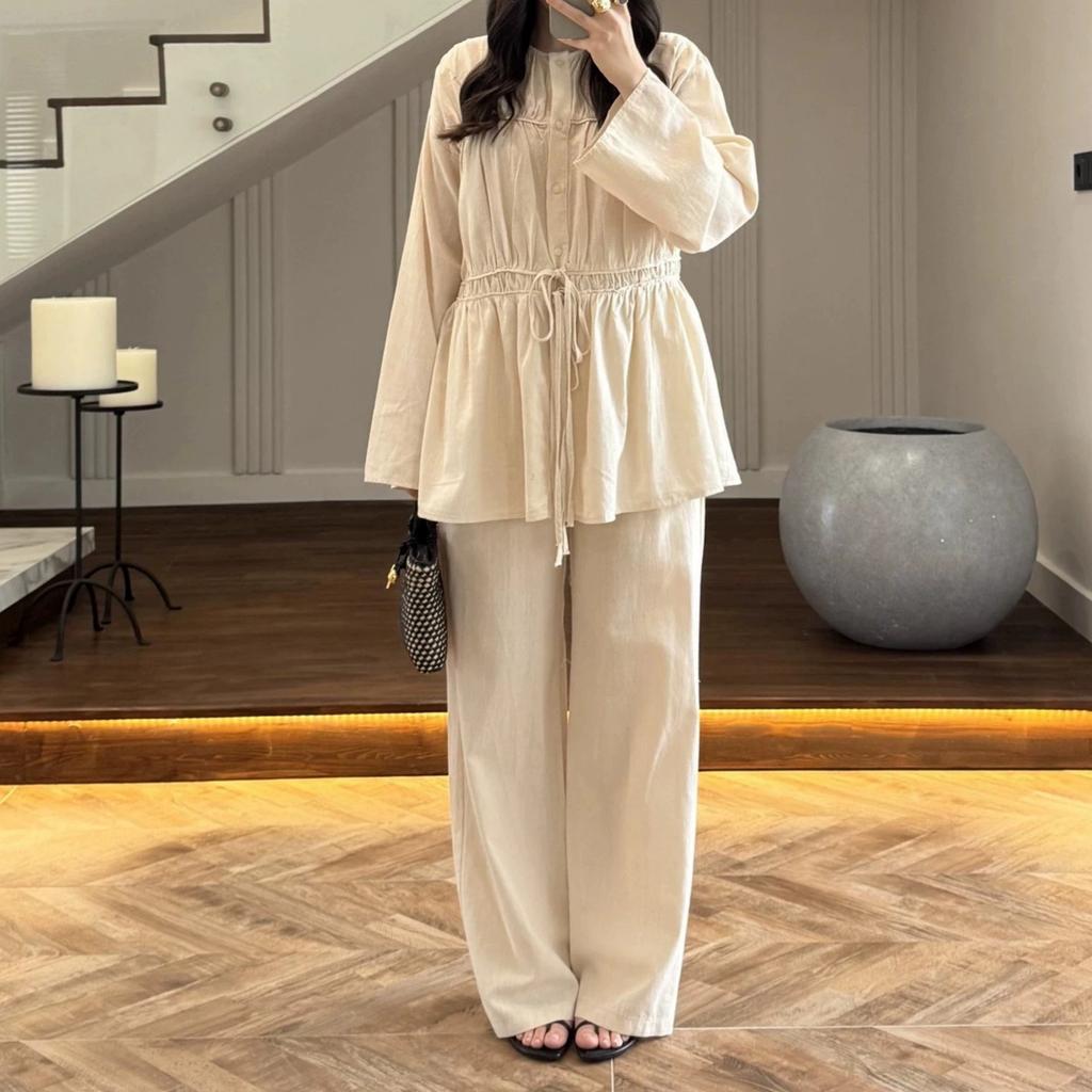 European and American Amazon Women's New Crew Neck Long Sleeve Drawstring Waist Top High Waist Wide Leg Pants Casual Suit