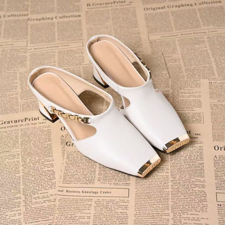 High Heels Women Slippers Chunky Fashion Mules Shoes Square Toe Heeled Sandals Summer Party Slides Mujer Zapatos