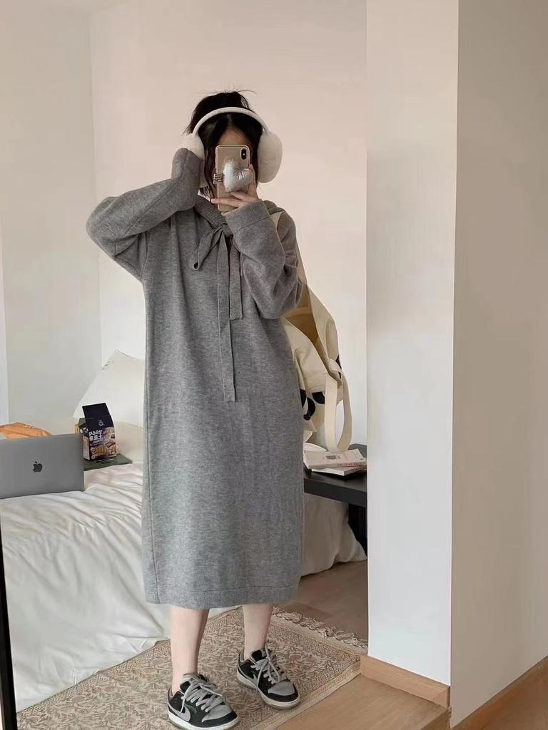 Vintage Long-sleeved Knitted Dress Women's Autumn and Winter Purple Gray Meat Covering and Thin Lazy Hooded Lace-up Sweater Skirt