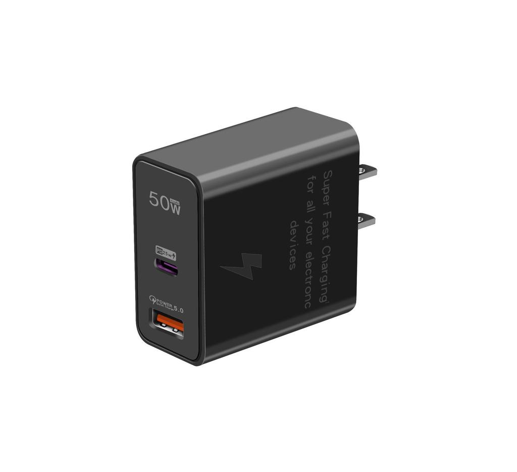 50W Dual-Port Charger, Compatible with Samsung, Huawei, and Apple Phones, PD Fast Charging Adapter for EU/US/UK Standards.