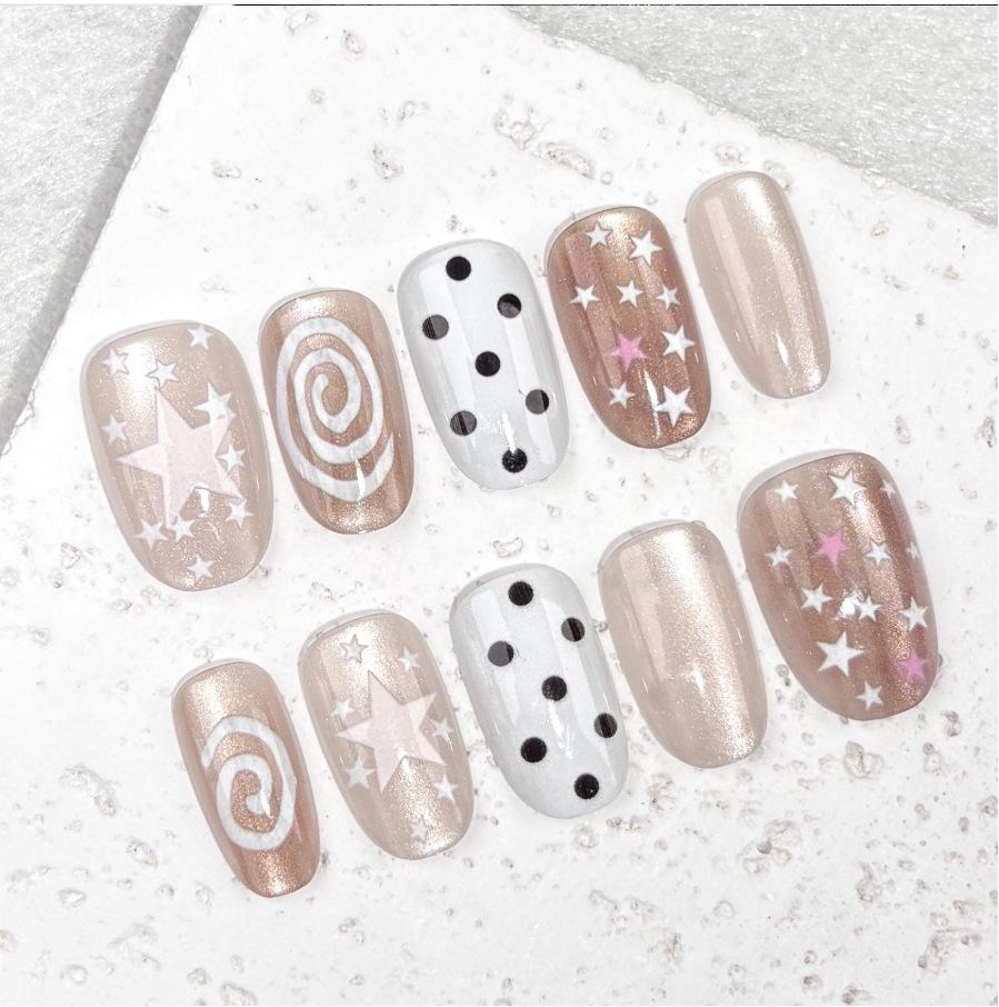Korean Polka Dot Star Cat Eye Press-On Nails - Short Oval Stickers