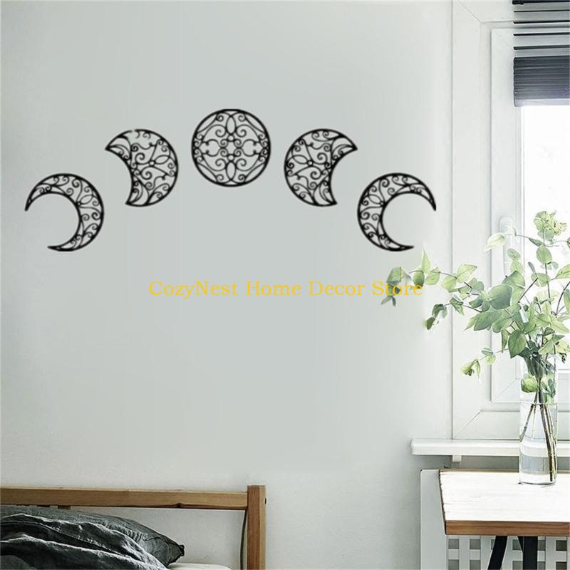 92MF 5pcs Nordic Styles Hollowed Out Moon Phases Wall Hanging Decors Natural Wood Art for Bedroom and Living Room Decoration