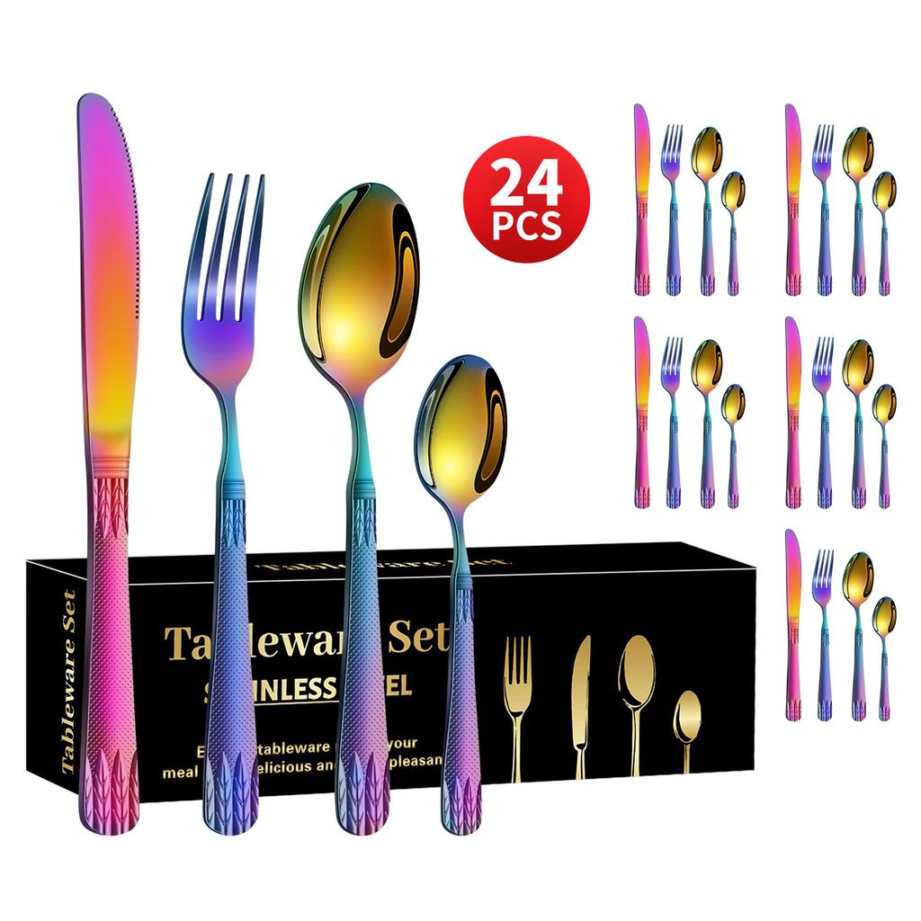 Stainless Steel Embossed Handle Western Food Hotel Tableware Knife, Fork and Spoon Dessert Spoon 24 Pieces Suit