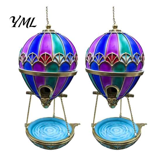 Patio Porch Bird Decor Stained Glass Hot Air Balloon Feeder Fountain, Hanging with Water Fountain Easy Fill Tray, Vintage Bronze Outdoor Garden