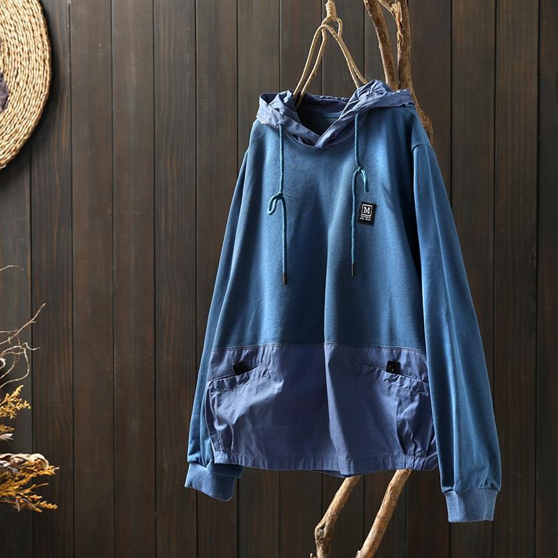 Women's Oversized Color Block Patchwork Hooded Sweatshirt with Double Pockets