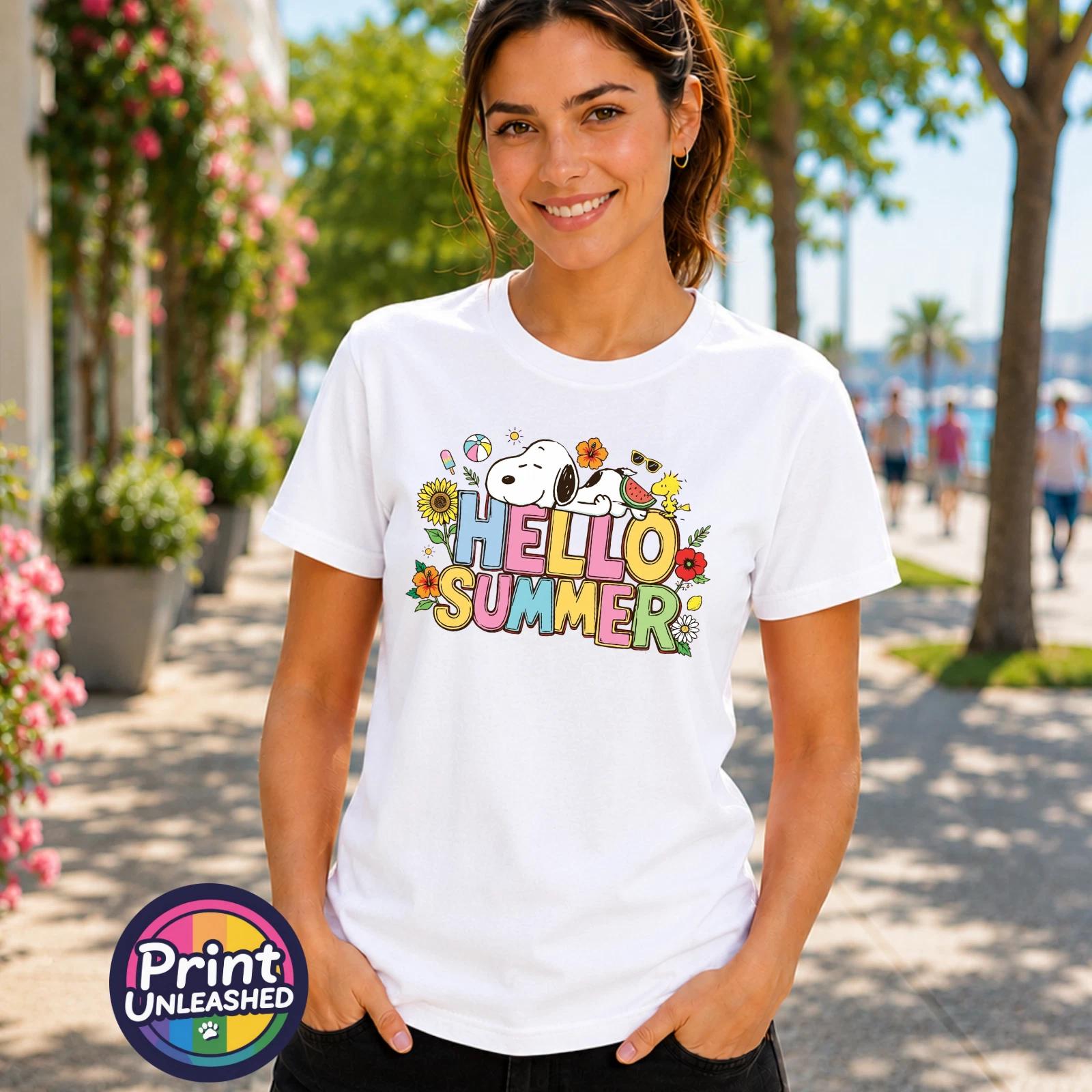 Hello Summer T-Shirt Ladies S-2XL Cotton Summer Beagle Tee Dog & Bird Top Gift L