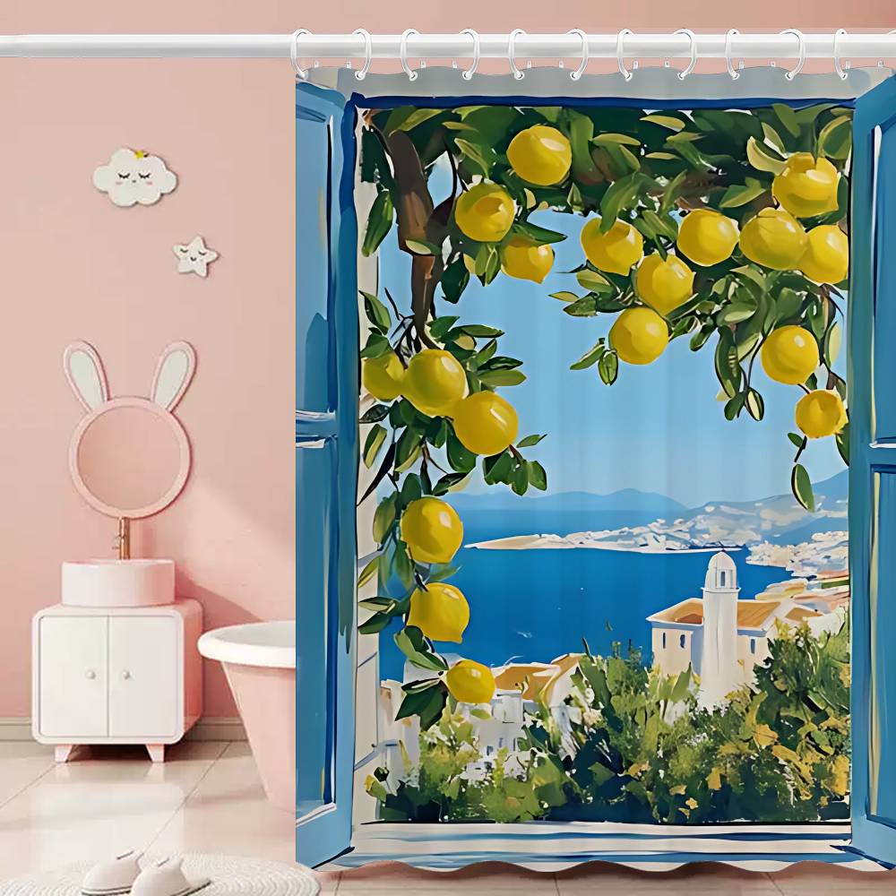 Mediterranean Lemon Cartoon Shower Curtain - Water-Repellent And Leak-Resistant, Mold And Mildew Resistant For