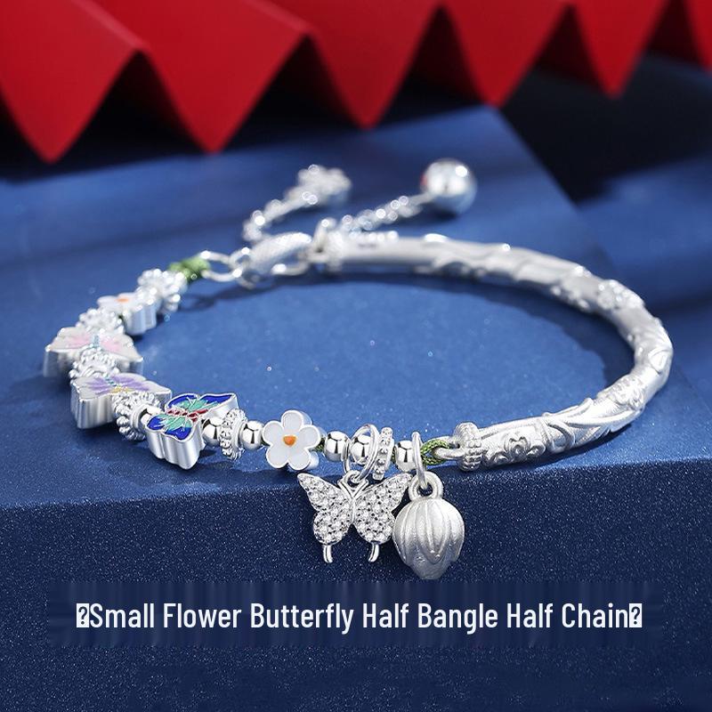 925 Sterling Silver Small Flower Butterfly Half-Bangle Half-Chain Bracelet - Light Luxury, High-End New Chinese National Style