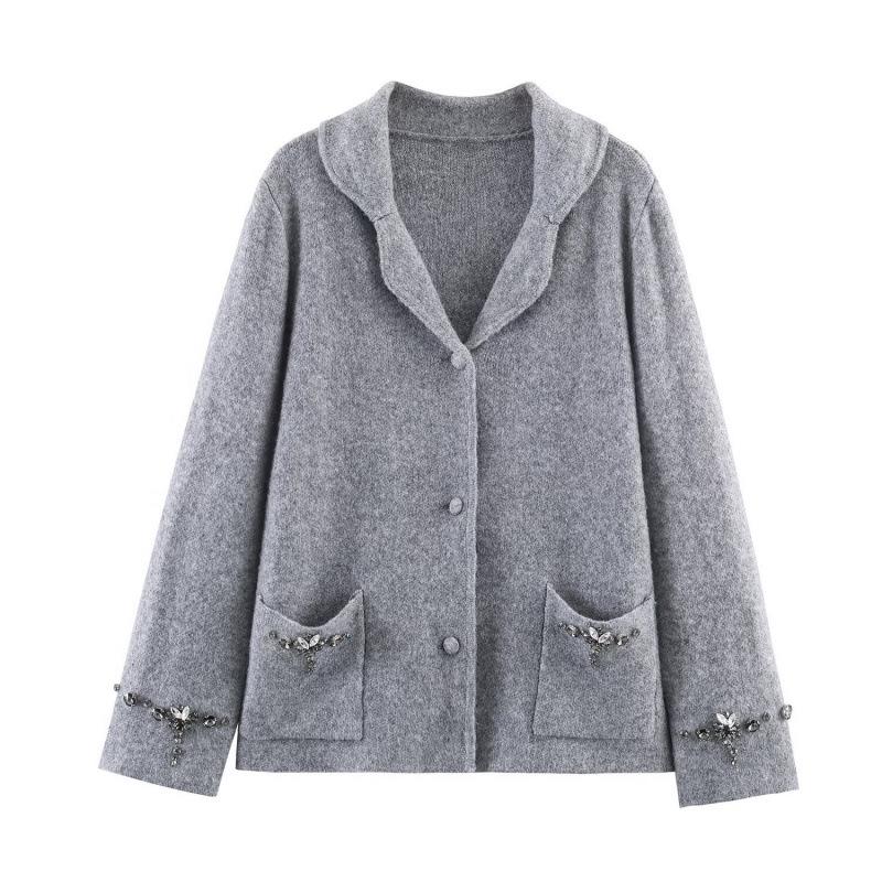 

Spring Fashion Versatile Beaded Knit Cardigan Small серый