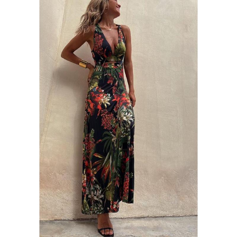 2023 European & American Sexy Print Spaghetti Strap Vacation Dress for Women