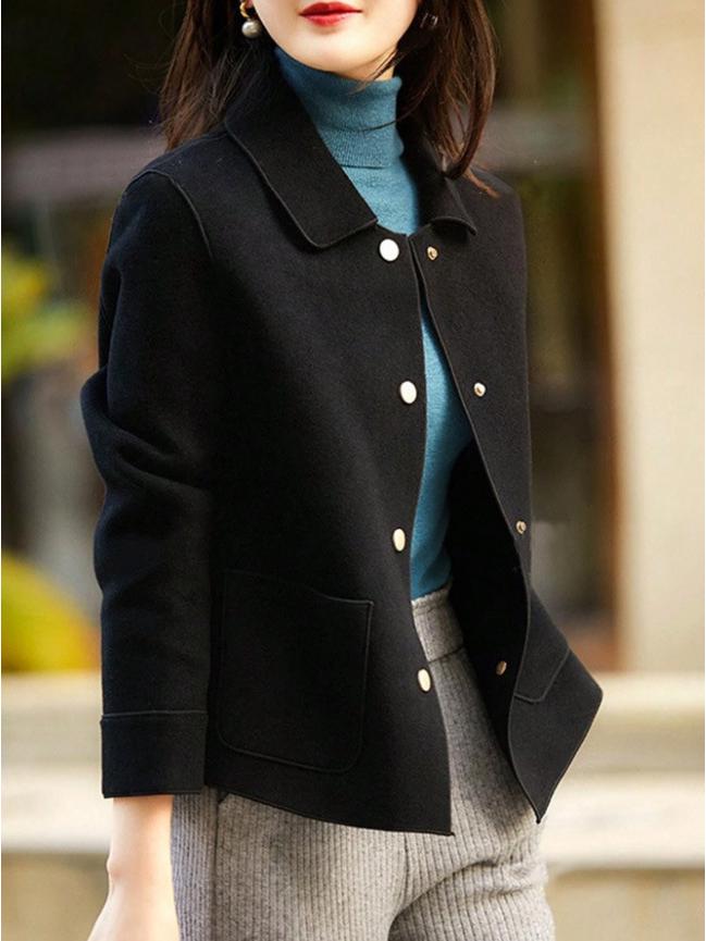 Evropský a americký dámský oboustranný vlněný kabát s klopovým límcem a kovovými knoflíky, dlouhý rukáv, krátký styl, kolekce 2025.