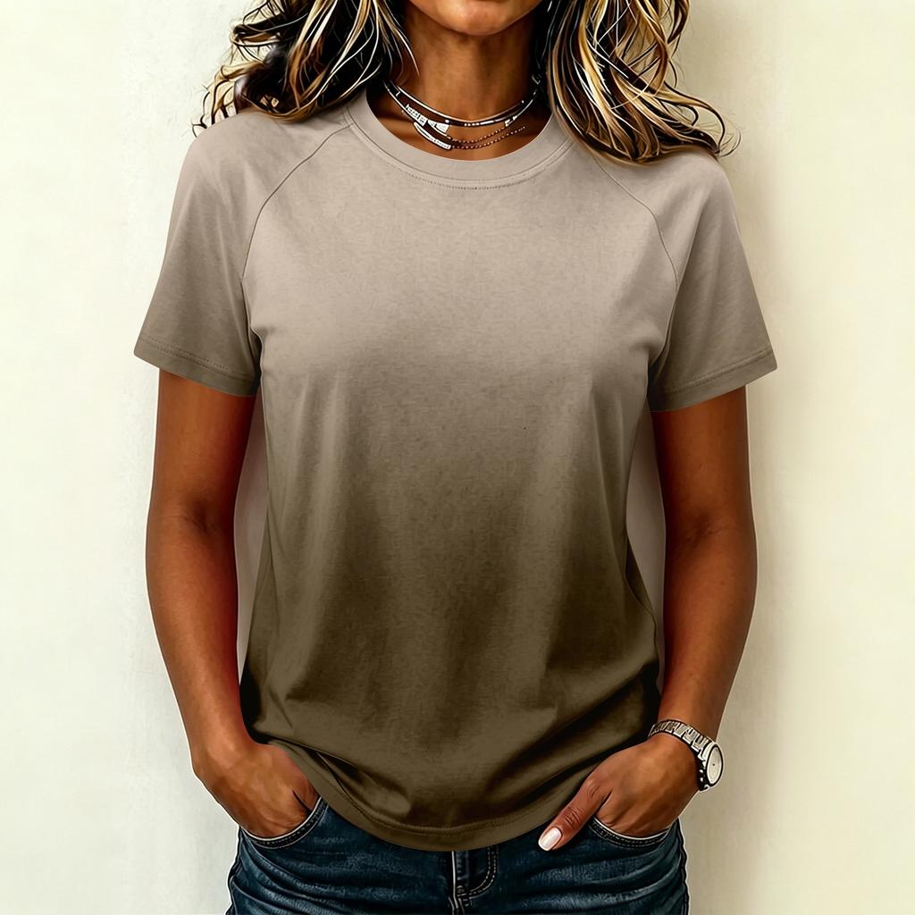 Damen Casual Raglanärmel Rundhals Kurzarm T-Shirt Farbverlauf Druck Leichtes Sommer Oberteil