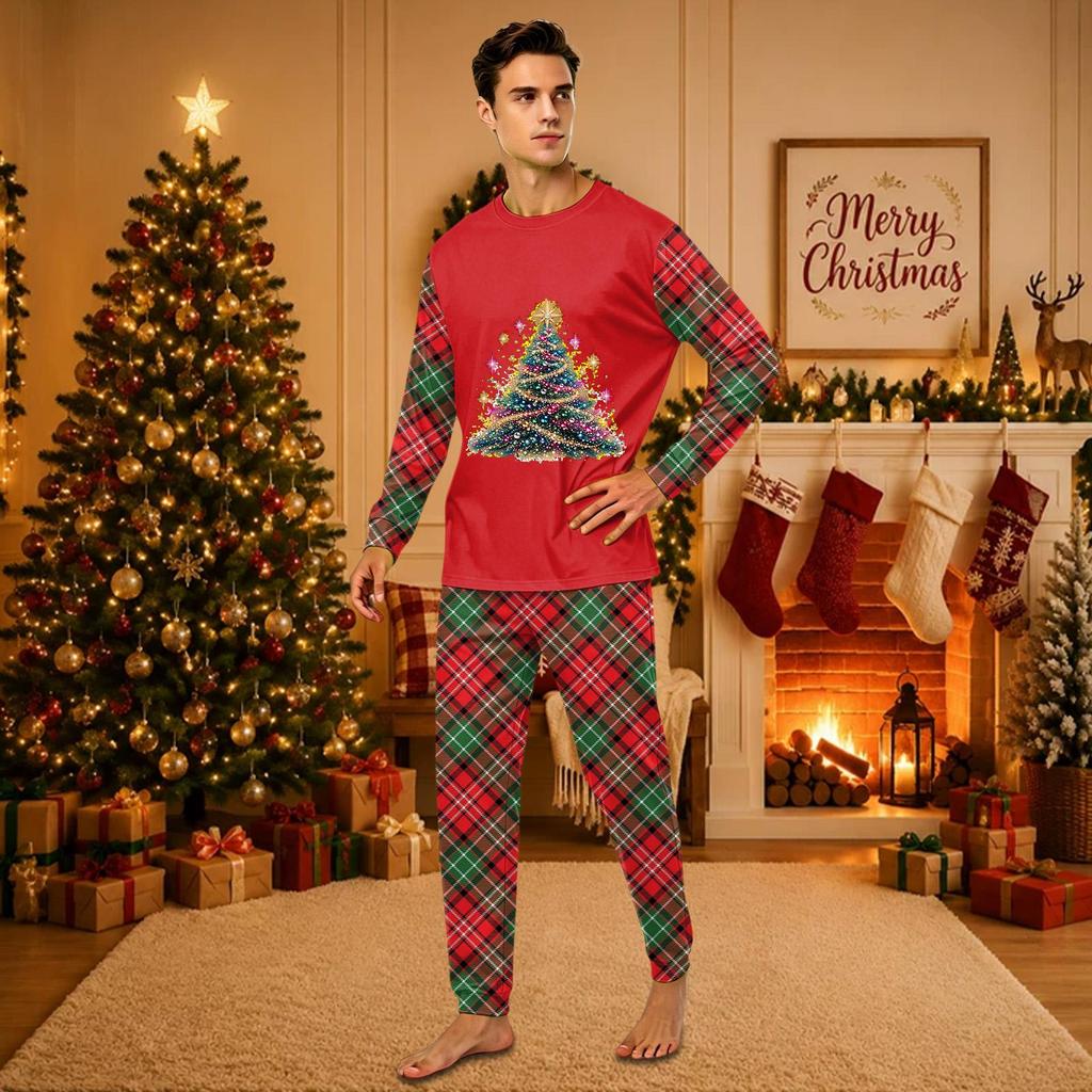 Christmas-print long-sleeve and long-pant matching family loungewear set