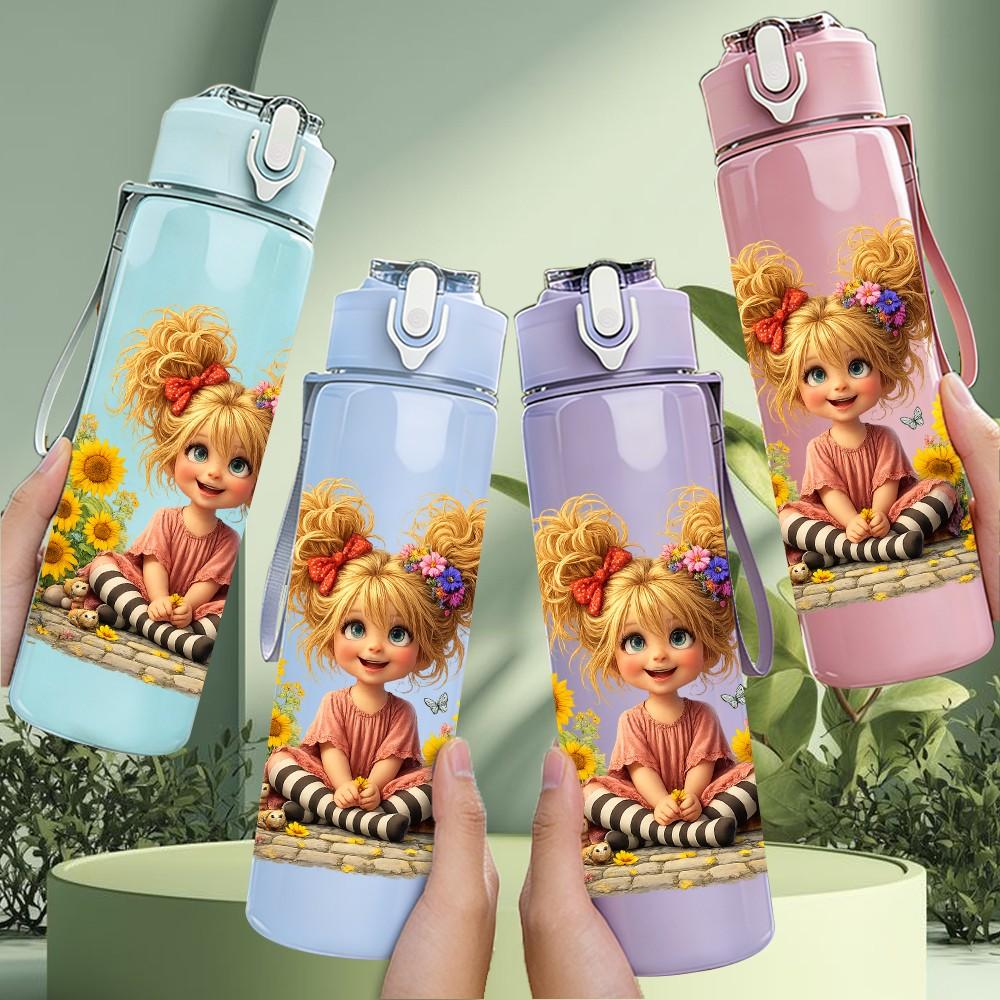 1PC Curly Hair Girl Sunflower Field Print 750ml Color Plastic Sports Water Bottle Leakproof Flip Straw Lid Suitable for Sports Office Home Use